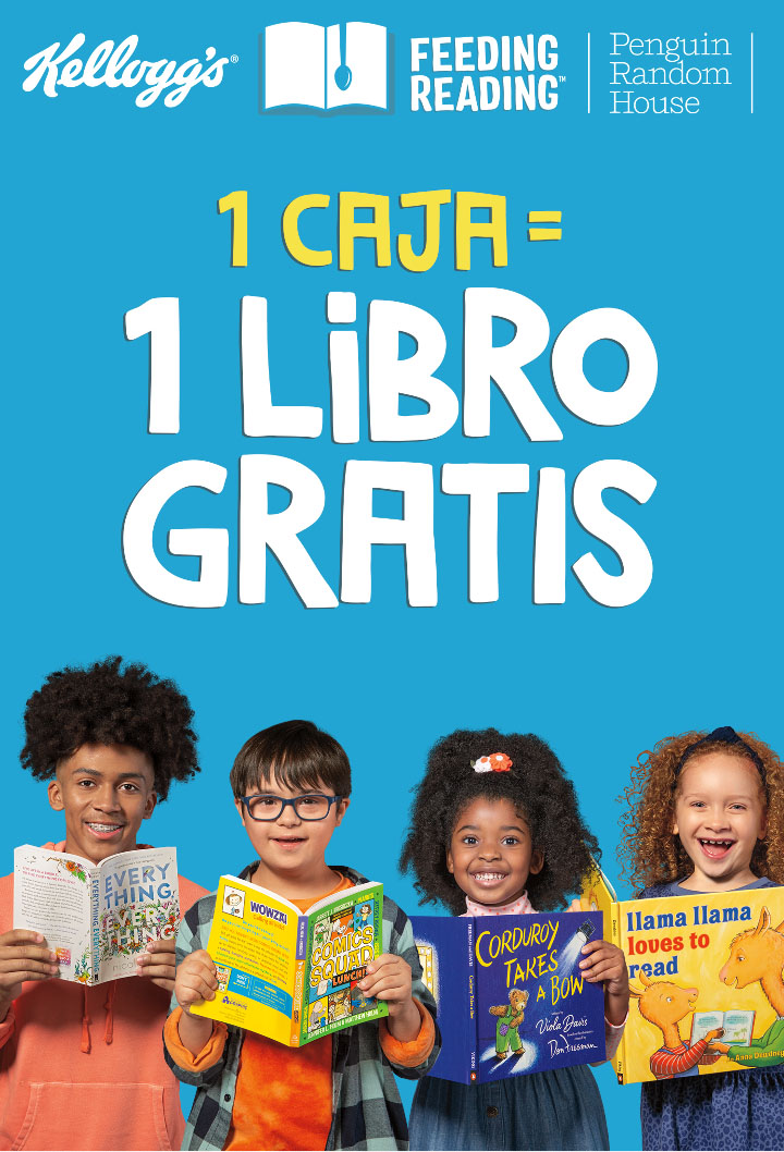 Kellogg's Feeding Reading - Penguin Random House - 1 box equals 1 free book. Four happy kids shown reading books.