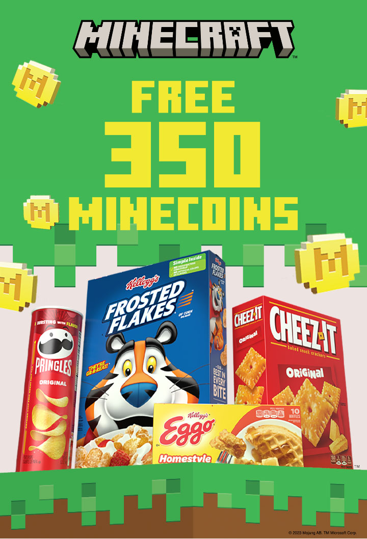 Minecraft Offer - Free 350 Minecoins. Pringles, Frosted Flakes, Cheez-it and Eggo product packages surrounded by Minecraft characters