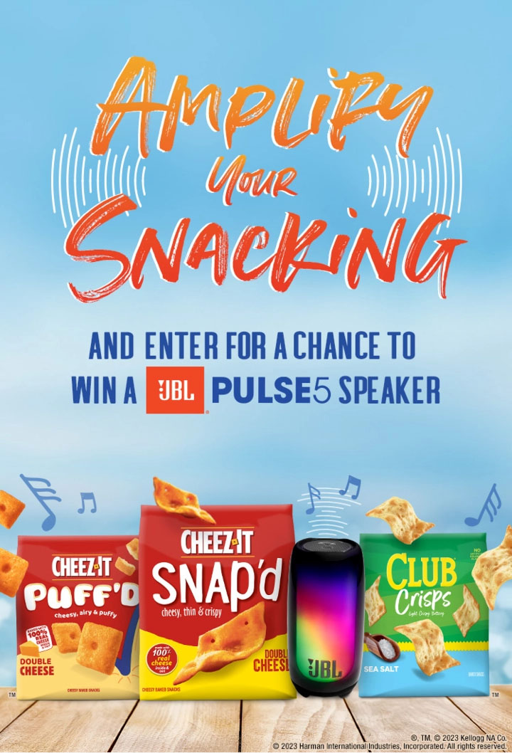 Amplify your snacking and enter for a chance to win a JBL Pulse 5 Speaker - Cheese-It, JBL and Club Crackers products shown on a dock by water