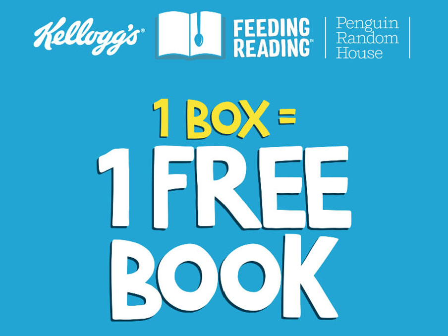 Kellogg's Feeding Reading - Penguin Random House - 1 box equals 1 free book. Four happy kids shown reading books.
