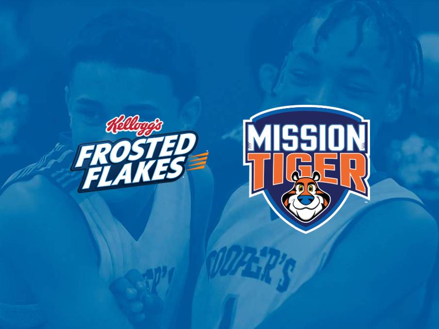 Frosted Flakes and Mission Tiger Logos with Basketball players in the background